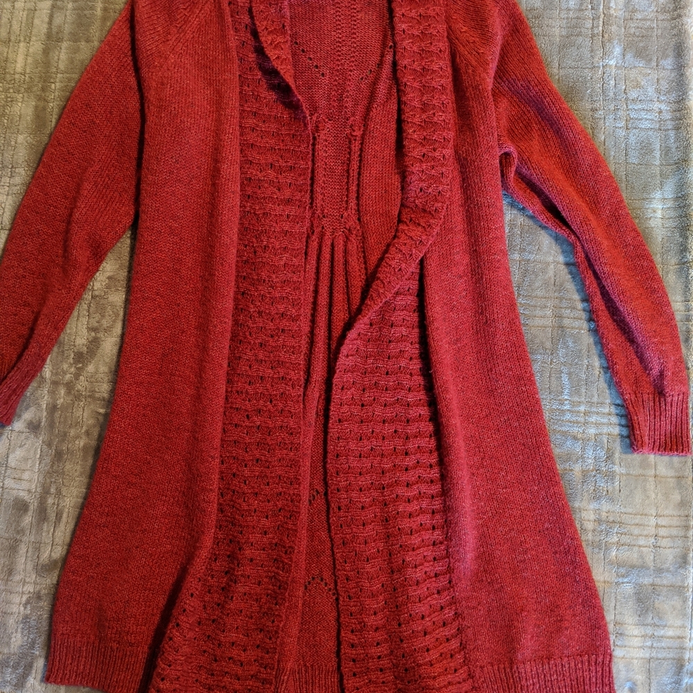 Red knee length cardigan